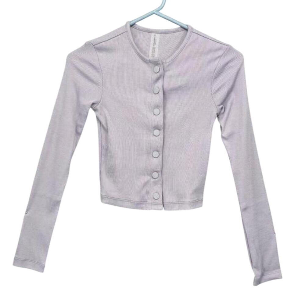 Outdoor Voices Cardigan Woman XS Lavender Ribbed Cropped Long Sleeve Snap NWT